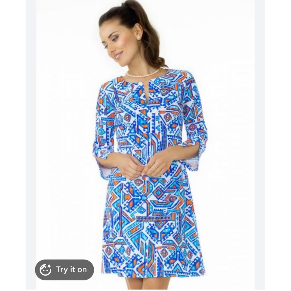 Barbara Gerwit Blue Orange Geometric Tribal Print Split Neck Shift Dress Large